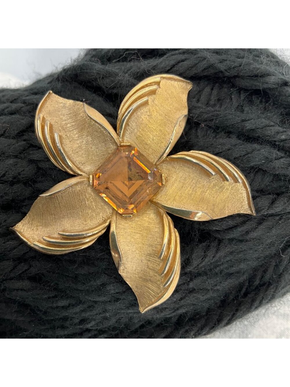 Trifari Gold-Tone Flower Brooch  Amber Rhinestone Center 2.5 Inches